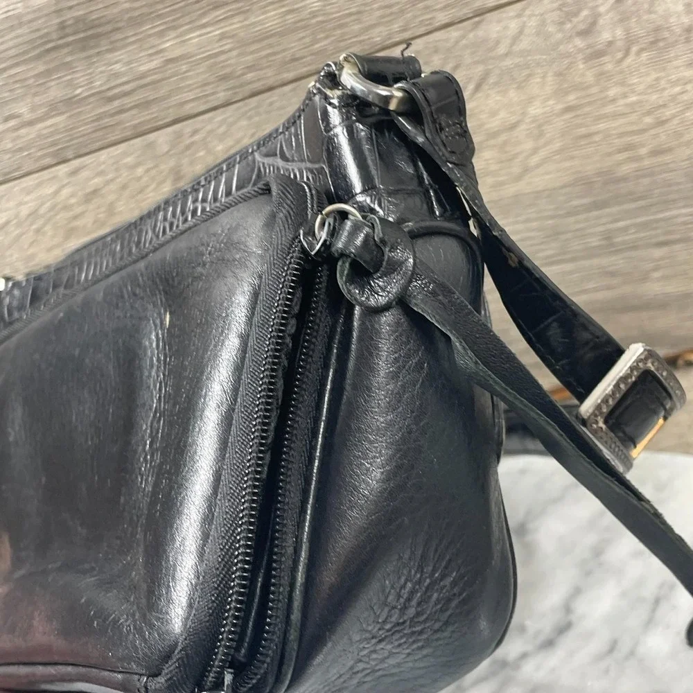 VTG Brighton Shoulder Bag Black Leather Croc Pockets Adjustable Retro Purse Y2K - Picture 12 of 16